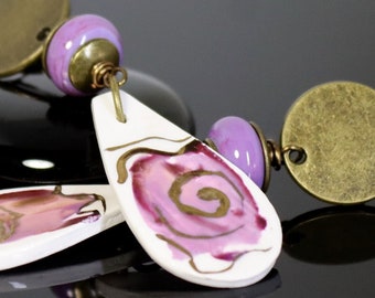 Handmade Post Earrings ~ Lampwork and Ceramic ~ Lilac and Antique Brass