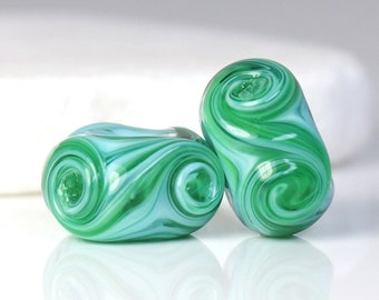 Handmade Lampwork Beads ~ Pair for Earrings ~ Ocean Beach Waves