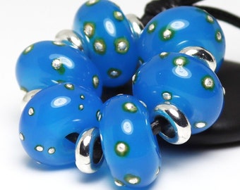 Handmade Lampwork Beads ~ Strand of Six ~ Ocean and Silver