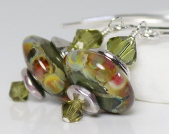 Earrings ~ Lampwork Glass with Silver ~ Olive and Rose