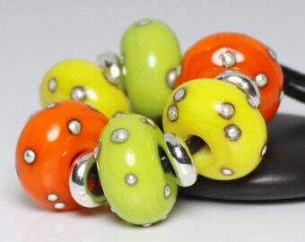 Handmade Lampwork Beads ~ Strand of Six ~ Juicy Citrus and Silver