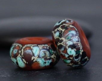 Handmade Lampwork Beads ~ Pair For Earrings ~ Deep Terra Cotta and Aqua