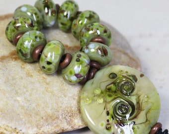 Handmade Lampwork Beads ~ Strand of Ten with Focal Pendant ~ Soft Sage