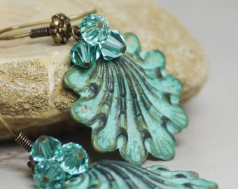 Handmade Earrings ~ Seashells ~ Aqua and Bronze