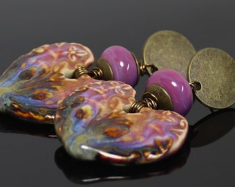 Handmade Post Earrings ~  Lampwork and Ceramic ~ Rose and Antique Brass