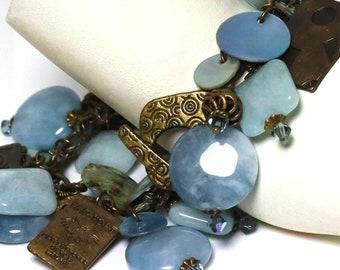 Bracelet, Jewelry, Handmade, Beaded, Cha Cha, Charm, Metal, Antique Brass, Blue, Aqua, Sky, Light, Gift, Travel, Wanderlust, Plane, Camera