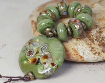 Handmade Lampwork Beads ~ Strand of Nine with Focal Pendant ~ Olive Grove