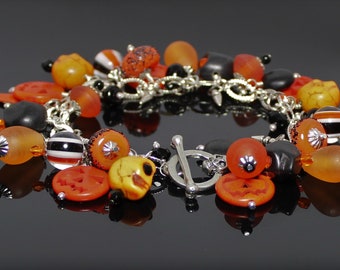 Bracelet, Jewelry, Handmade, Beaded, Cha Cha, Charm, Halloween, Día de Muertos, Pumpkin, Witch, Skull, Silver, Noir, Black, Orange, Costume