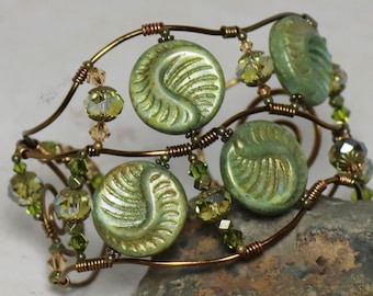 Handmade Bracelet ~ Wire Cuff Jewelry ~ Antique Brass Metal ~ Green and Gold