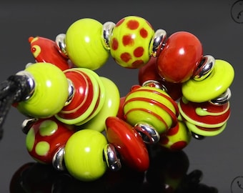 Handmade Lampwork Beads ~ Strand of Seventeen ~ Red and Lime