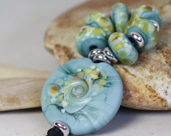 Handmade Lampwork Beads ~ Strand of Six with Focal Pendant ~ Dusty Blue