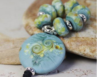 Handmade Lampwork Beads ~ Strand of Seven with Focal Pendant ~ Dusty Blue