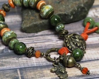 Bracelet, Jewelry, Handmade, Beaded, Lampwork, Glass, Leather, Bronze, Brass, Pumpkin, Olive, Sage, Green, Ivory, Acorn, Oak Leaf, Leaves