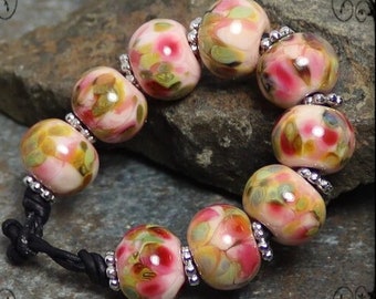 Handmade Lampwork Beads ~ Strand of Nine ~ Dusty Pink Watercolor
