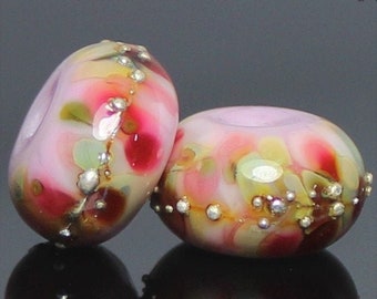 Handmade Lampwork Beads ~ Pair for Earrings ~ Pink and Silver