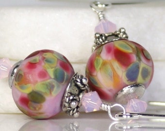 Handmade Earrings ~ Lampwork and Silver ~ Pink and Sage