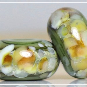 Handmade Lampwork Beads Pair for Earrings Olive and Ivory image 1