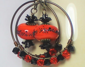 Earrings, Jewelry, Handmade, Beaded, Lampwork, Glass, Crystal, Metal, Antique Brass, Orange, Black, Roses, Halloween, Autumn, Fall, Gothic