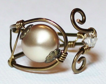 Ring, Jewelry, Handmade, Pearl, Crystal, Wirework, Wire, Wrapped, Metal, Antique Brass, Champagne, Gold, Cream, Sand, Adjustable Size 8-9