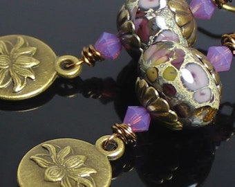 Earrings, Jewelry, Handmade, Beaded, Lampwork, Glass, Crystal, Metal, Antique Brass, Lotus, Flower, Purple, Lavender, Plum, Violet, Artisan