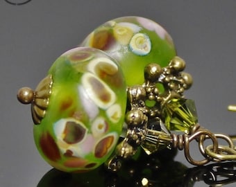 Earrings, Jewelry, Handmade, Beaded, Lampwork, Glass, Metal, Antique Brass, Lime, Green, Bright,  Amber, Long, Simple, Artisan, Earthy