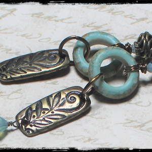 Ohrringe, Schmuck, Handgemacht, Perlen, Lampwork, Glas, Metall, Antik Messing, Kristall, Aqua, Blau, Türkis, Lang, Blatt, Handwerker, Erdig