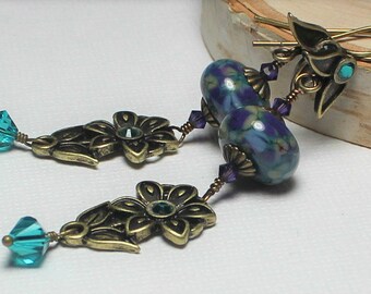 Handmade, Jewelry, Earrings, Beaded, Lampwork, Antique Brass, Teal, Turquoise, Purple, Artisan, Lampwork Earrings, Flower, Leaf, Flowers