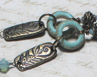 Earrings, Jewelry, Handmade, Beaded, Lampwork, Glass, Metal, Antique Brass, Crystal, Aqua, Blue, Turquoise, Long, Leaf, Artisan, Earthy