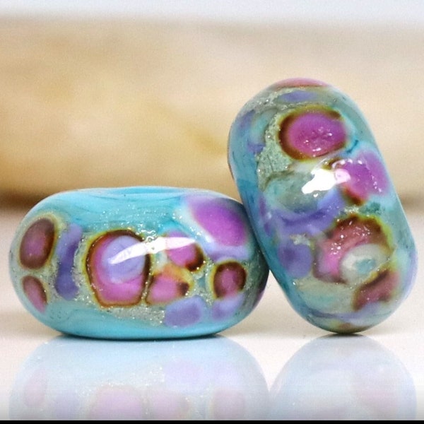 LAST ONES ~ Handmade Lampwork Beads ~ Pair For Earrings ~ Aqua Lavender Pink