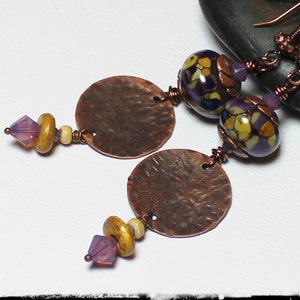 Mulberry... Handmade Jewelry Earrings Beaded Lampwork Glass Crystal Purple Lavender Plum Amber Caramel Antique Hammered Copper Long Boho image 2