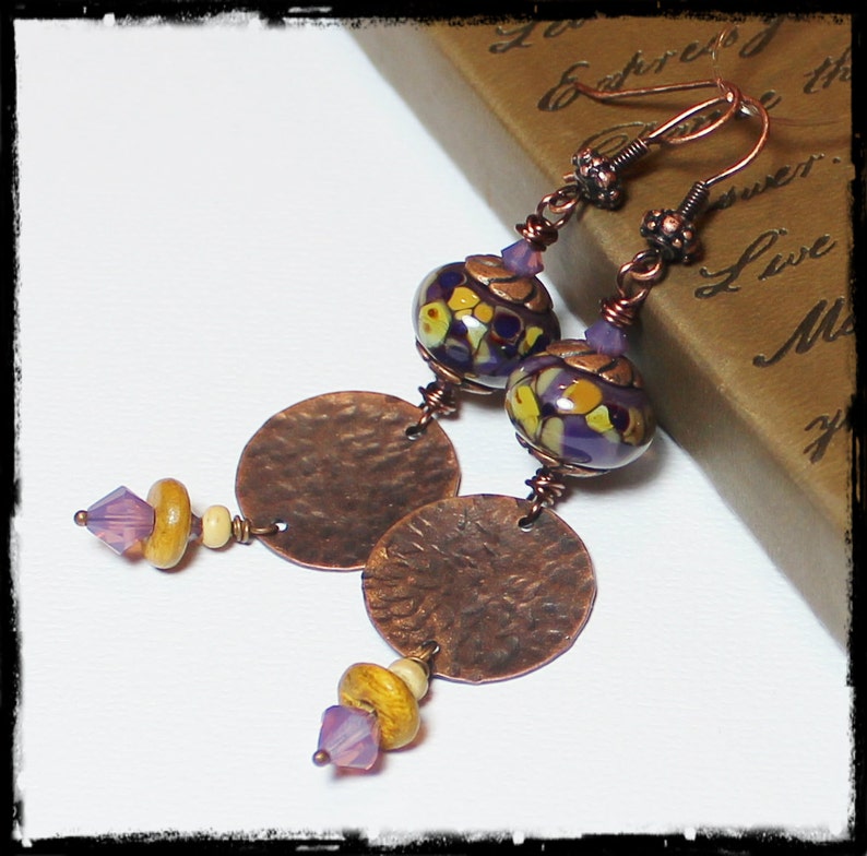 Mulberry... Handmade Jewelry Earrings Beaded Lampwork Glass Crystal Purple Lavender Plum Amber Caramel Antique Hammered Copper Long Boho image 1