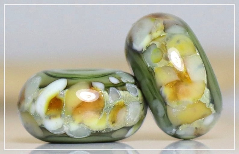 Handmade Lampwork Beads Pair for Earrings Olive and Ivory image 1