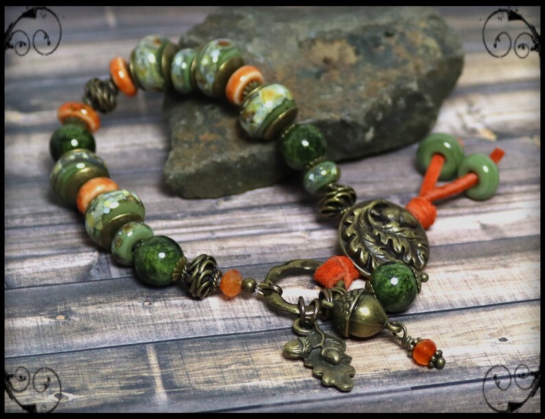 Bracelet, Jewelry, Handmade, Beaded, Lampwork, Glass, Leather, Bronze, Brass, Pumpkin, Olive, Sage, Green, Ivory, Acorn, Oak Leaf, Leaves image 1