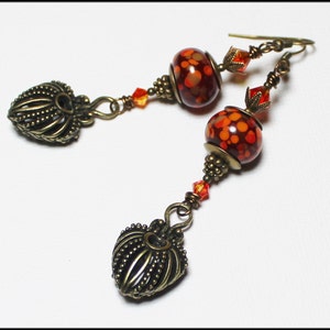 Fire Dance... Handmade Jewelry Earrings Beaded Lampwork Glass Crystal Antique Brass Brick Red Flame Orange Yellow Artisan Boho Long Heart image 5