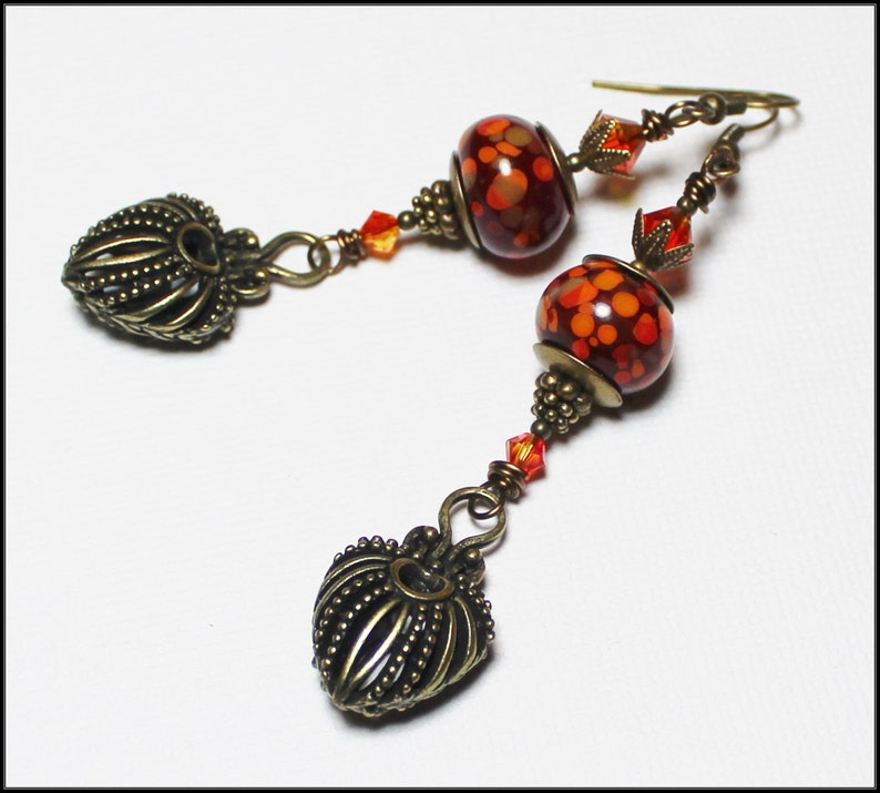 Fire Dance... Handmade Jewelry Earrings Beaded Lampwork Glass Crystal Antique Brass Brick Red Flame Orange Yellow Artisan Boho Long Heart image 5