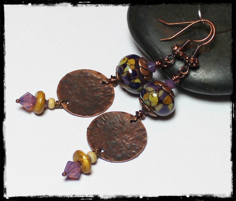 Mulberry... Handmade Jewelry Earrings Beaded Lampwork Glass Crystal Purple Lavender Plum Amber Caramel Antique Hammered Copper Long Boho image 2