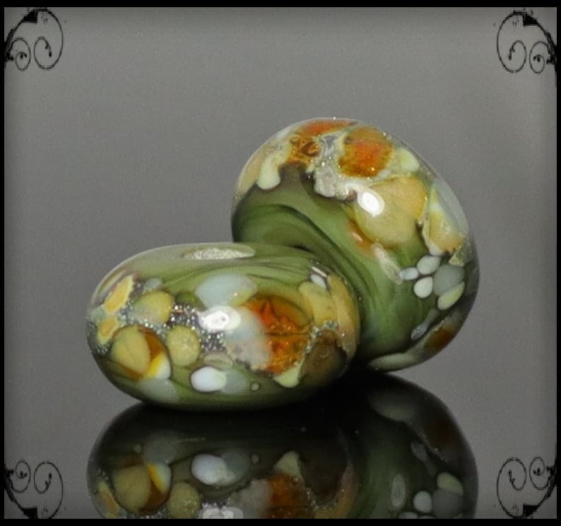 Handmade Lampwork Beads Pair for Earrings Olive and Ivory image 5
