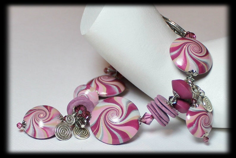 Plum Sparkle... Handmade Jewelry Bracelet Beaded Cha Cha Polymer Clay Crystal Swirl Spiral Silver Mauve Amethyst Pink Purple Smoke Gray image 1