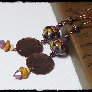 Mulberry... Handmade Jewelry Earrings Beaded Lampwork Glass Crystal Purple Lavender Plum Amber Caramel Antique Hammered Copper Long Boho image 3