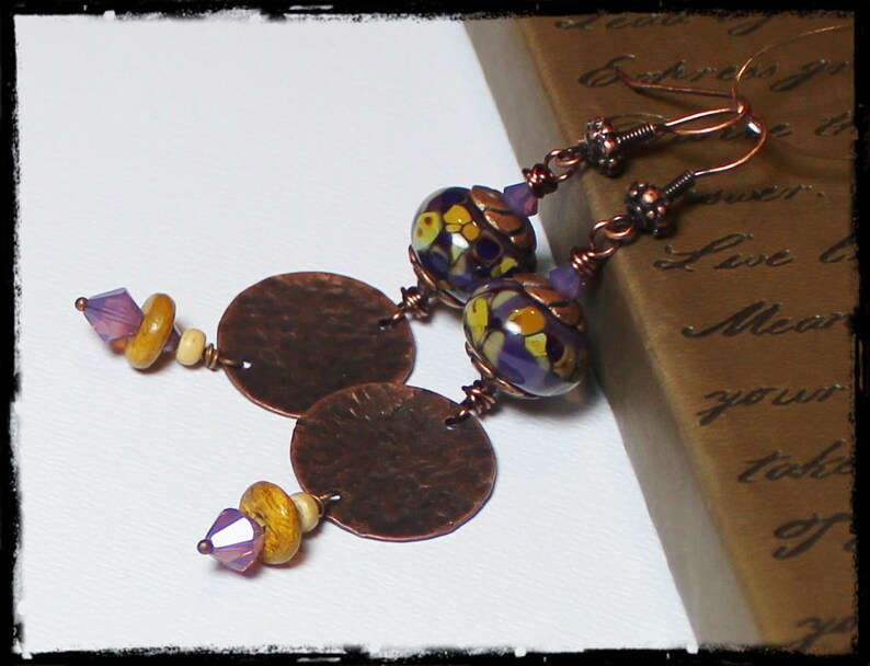 Mulberry... Handmade Jewelry Earrings Beaded Lampwork Glass Crystal Purple Lavender Plum Amber Caramel Antique Hammered Copper Long Boho image 3