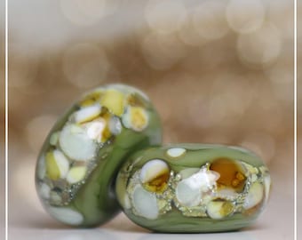 Handmade Lampwork Beads ~ Pair for Earrings ~ Olive and Ivory