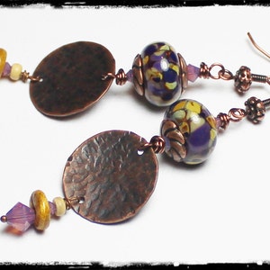 Mulberry... Handmade Jewelry Earrings Beaded Lampwork Glass Crystal Purple Lavender Plum Amber Caramel Antique Hammered Copper Long Boho image 4