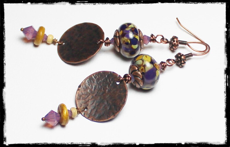 Mulberry... Handmade Jewelry Earrings Beaded Lampwork Glass Crystal Purple Lavender Plum Amber Caramel Antique Hammered Copper Long Boho image 4