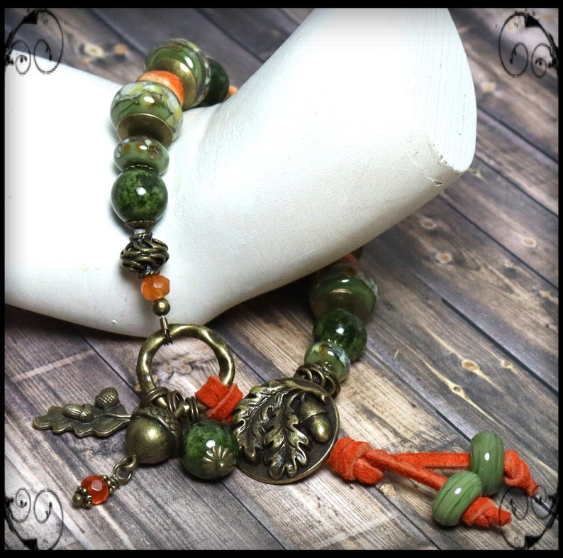 Bracelet, Jewelry, Handmade, Beaded, Lampwork, Glass, Leather, Bronze, Brass, Pumpkin, Olive, Sage, Green, Ivory, Acorn, Oak Leaf, Leaves image 5