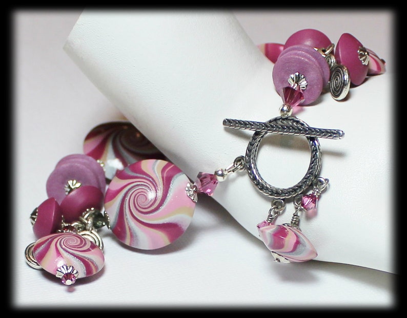 Plum Sparkle... Handmade Jewelry Bracelet Beaded Cha Cha Polymer Clay Crystal Swirl Spiral Silver Mauve Amethyst Pink Purple Smoke Gray image 3