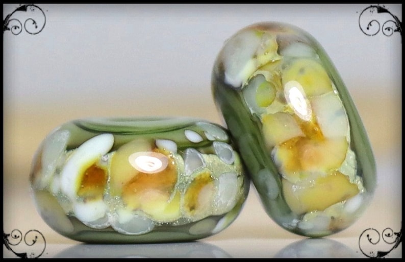 Handmade Lampwork Beads Pair for Earrings Olive and Ivory image 3