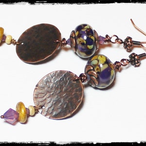 Mulberry... Handmade Jewelry Earrings Beaded Lampwork Glass Crystal Purple Lavender Plum Amber Caramel Antique Hammered Copper Long Boho image 5