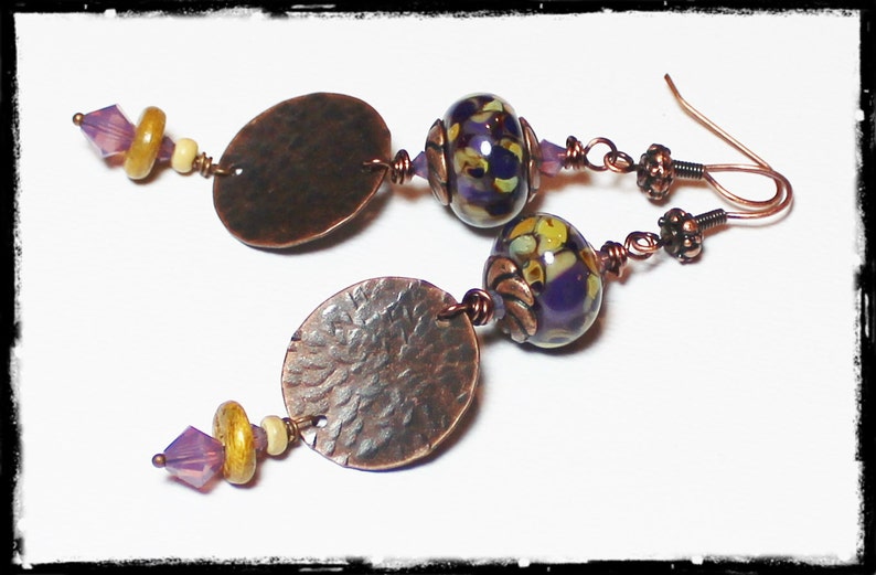 Mulberry... Handmade Jewelry Earrings Beaded Lampwork Glass Crystal Purple Lavender Plum Amber Caramel Antique Hammered Copper Long Boho image 5