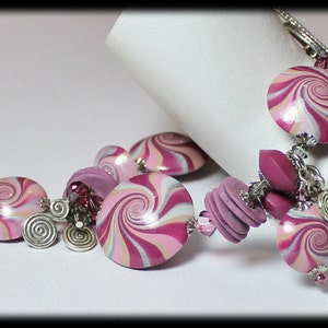 Plum Sparkle... Handmade Jewelry Bracelet Beaded Cha Cha Polymer Clay Crystal Swirl Spiral Silver Mauve Amethyst Pink Purple Smoke Gray image 5