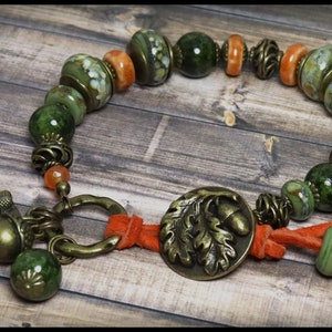 Bracelet, Jewelry, Handmade, Beaded, Lampwork, Glass, Leather, Bronze, Brass, Pumpkin, Olive, Sage, Green, Ivory, Acorn, Oak Leaf, Leaves image 2